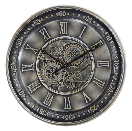 Vintage Pewter Spintime Cog Clock, Roman Numerals, 59 cm