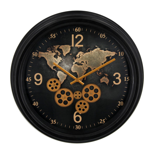 World Map Cog Clock, Black, 54 cm