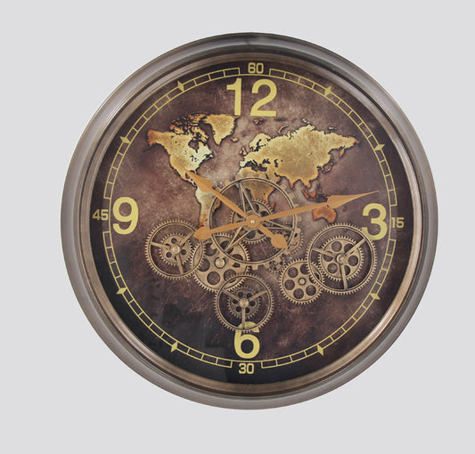 World Map Cog Clock, Antique Gold, 62 cm