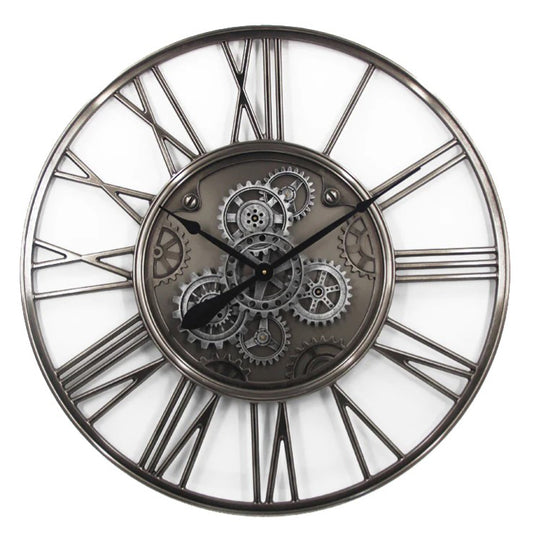 Antiqued Silver Cog Clock, Openwork Roman Numerals, 62 cm