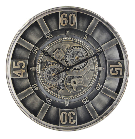 Vintage Spintime Pewter Cog Clock 60cm
