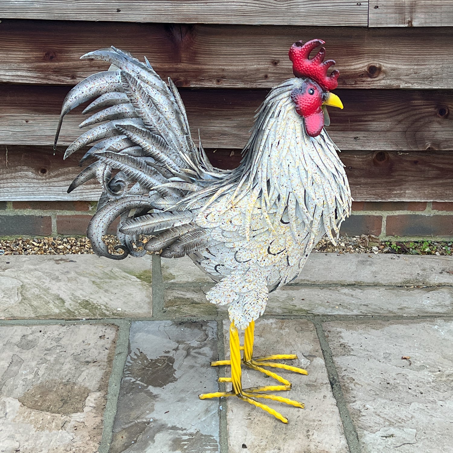 White Rooster Garden Sculpture, Tail Up
