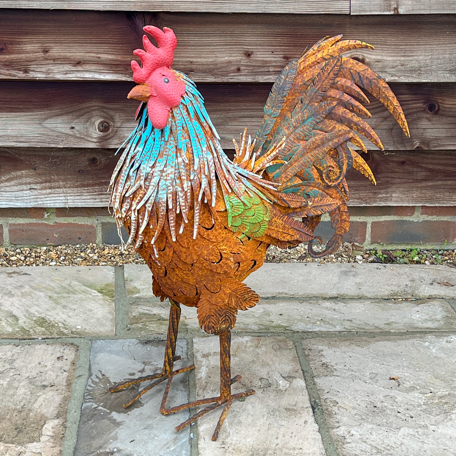 Brown Rooster Garden Sculpture, Tail Up