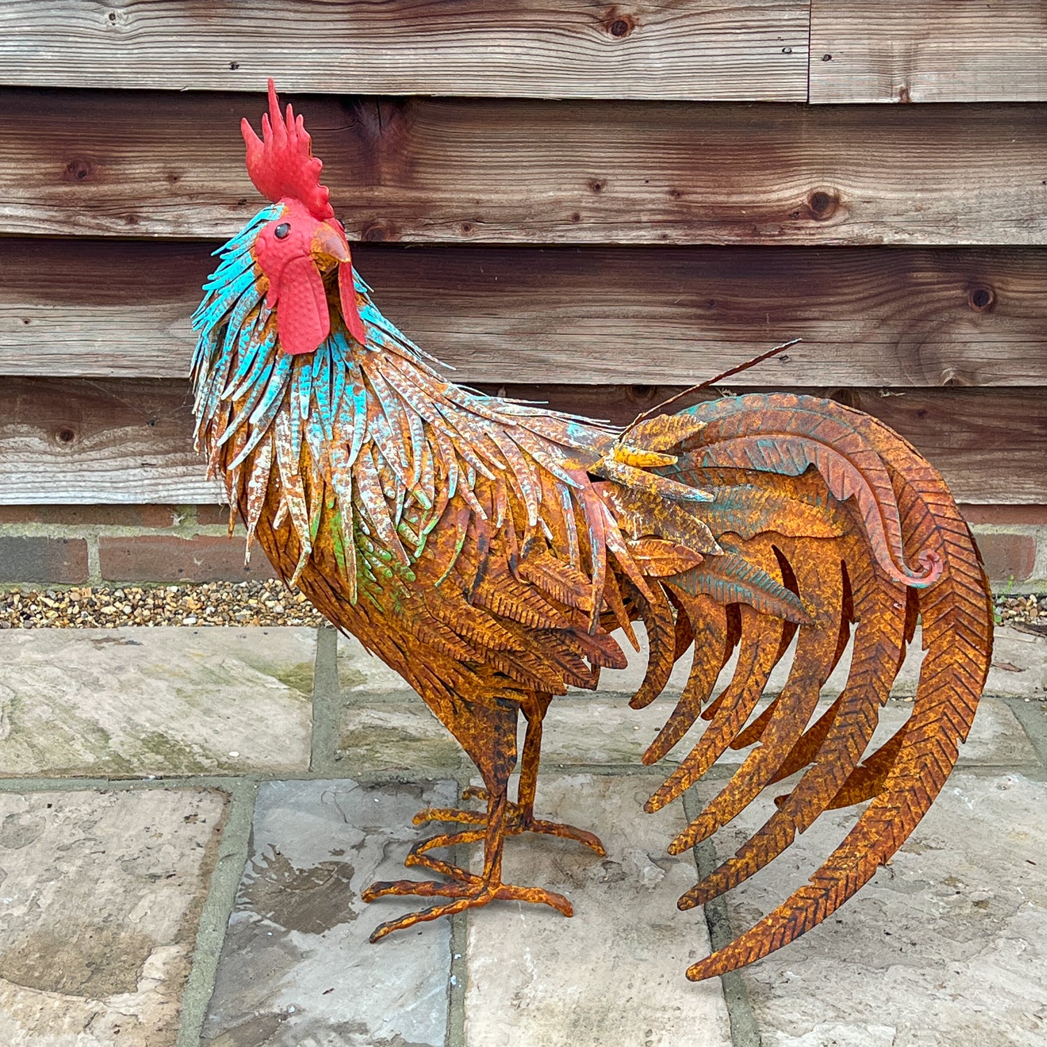 Brown Rooster Garden Sculpture, Tail Down