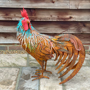 Brown Rooster Garden Sculpture, Tail Down