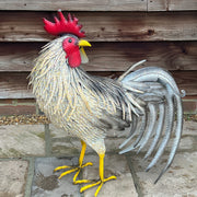White Rooster Garden Sculpture, Tail Down