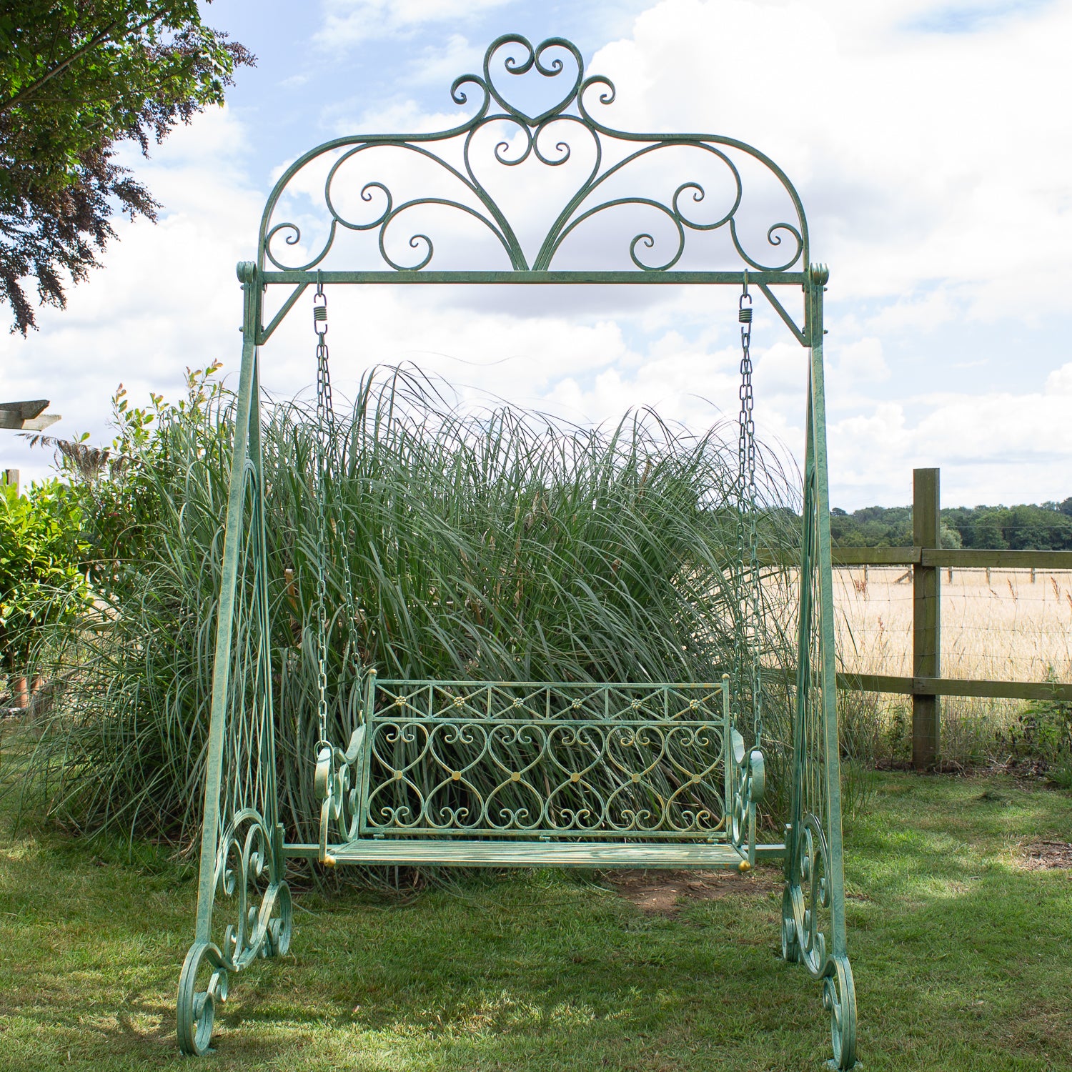 Wrought Iron 2 Seater Swing Seat, Green Patina