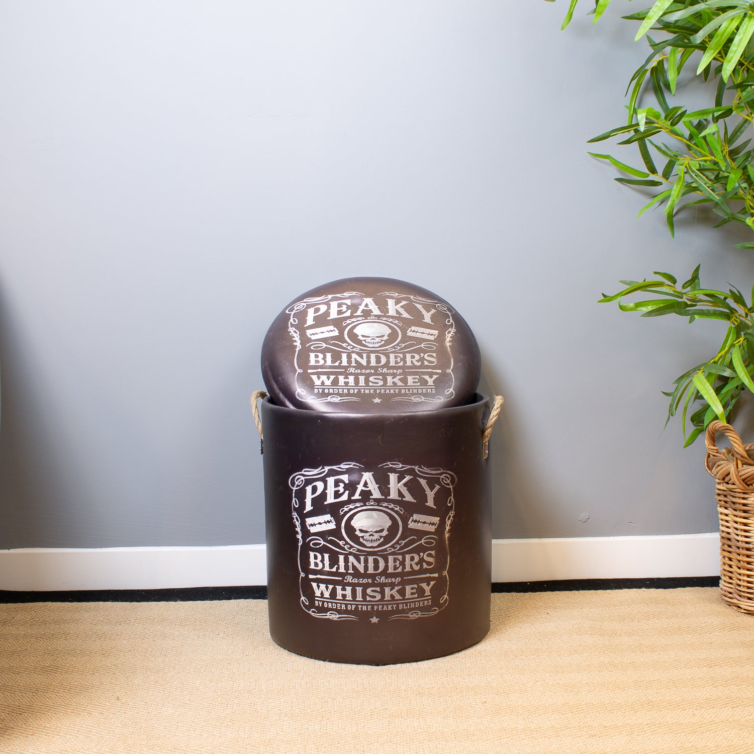 Peaky Blinders whiskey-themed storage basket and lid on a neutral background